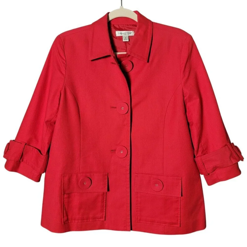 Coldwater Creek Womens Red Big Buttons 3/4 Sleeves Work Blazer Jacket Size 8